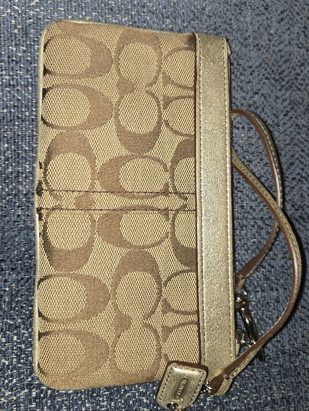 Coach Brown/Tan Signature Wristlet with Metallic Trim - Picture 2 of 7